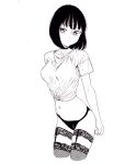  1girl absurdres bad_id bad_pixiv_id black_hair black_panties dende_(dndn222) facing_viewer greyscale highres leaning_forward looking_at_viewer monochrome navel original panties scan scan_artifacts shirt short_hair solo standing stomach thighhighs tied_shirt traditional_media underwear white_shirt 