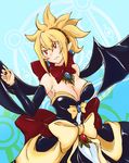  bare_shoulders bat_wings blonde_hair bow breasts bright_pupils cleavage demon_girl detached_sleeves disgaea dress earrings gem hairband jewelry large_breasts long_hair mairu_dou makai_senki_disgaea_2 pointy_ears ponytail red_eyes ring rozalin solo strapless strapless_dress wings yellow_bow 
