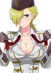  bad_id bad_pixiv_id blonde_hair blue_eyes breasts cleavage gloves hair_over_one_eye hat hizuki_akira ixion_saga_dt kt_(ixion_saga) large_breasts military military_uniform simple_background solo undressing uniform white_background 