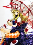  adapted_costume bad_id bad_pixiv_id blonde_hair bow dress eyeball gap hair_bow hair_ribbon hat hat_ribbon highres ikuhana_niiro long_hair looking_at_viewer parasol puffy_sleeves purple_dress purple_eyes ribbon sash shirt short_sleeves side_slit sitting solo touhou tress_ribbon umbrella very_long_hair yakumo_yukari 