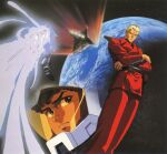  1980s_(style) 1990s_(style) 2boys amuro_ray axis_(gundam) blonde_hair char&#039;s_counterattack char_aznable cloud cover crossed_arms dvd_cover earth_(planet) gundam helmet in_orbit key_visual kitazume_hiroyuki looking_at_viewer mecha military_uniform mobile_suit multiple_boys neo_zeon nu_gundam official_art pilot_suit planet promotional_art retro_artstyle robot scan serious space spacesuit spoilers thrusters uniform 