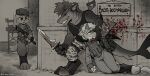  anthro assault_rifle blood blood_on_knife bodily_fluids clothed clothing death digitigrade dragon fish fur furred_dragon furred_scalie gore group gun hi_res him_army knife lagomorph leporid male mammal marine military monochrome mythological_creature mythological_scalie mythology rabbit ranged_weapon rifle scalie shark trio weapon 
