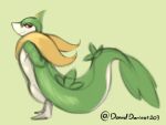 2024 anthro daviddarient203 generation_5_pokemon green_background green_body hands_behind_back hi_res leaf leaves_on_body male multicolored_body nintendo pokemon pokemon_(species) red_eyes servine simple_background smile smiling_at_viewer smirk smirking_at_viewer solo spanish_description standing tail tan_body thick_tail watermark yellow_body