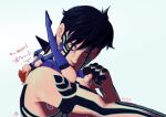  1boy 1girl aroused black_hair blue_leotard blue_thighhighs brown_hair closed_eyes demi-fiend elbow_gloves foreplay full-body_tattoo gloves head_back highres kissing_thigh leotard lyonface mini_person minigirl pixie_(megami_tensei) shin_megami_tensei shin_megami_tensei_iii:_nocturne tattoo thighhighs translation_request 