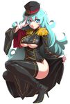  aqua_hair bad_id bad_pixiv_id banned_artist blue_eyes boots breasts epaulettes full_body gloves hat high_heels imagawa_yoshimoto_(sengoku_collection) large_breasts light_smile long_hair long_sleeves looking_at_viewer s_tanly sengoku_collection shoes simple_background solo squatting thighhighs underboob underboob_cutout white_background white_gloves 