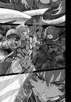  armor battle comic doujinshi dual_persona eyebrows fang greyscale grin hairband highres imizu_(nitro_unknown) komeiji_satori monochrome multiple_girls non-web_source plate_armor scan short_hair smile sword touhou weapon 