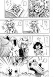  3girls :&lt; :3 anger_vein animal_ears bad_id bad_pixiv_id blush bunny_ears chasing clenched_hands closed_eyes comic futon greyscale hat hidefu_kitayan inaba_tewi kine long_hair long_sleeves mallet monochrome multiple_girls necktie o_o open_mouth pajamas pillow puffy_sleeves reisen reisen_udongein_inaba short_hair short_sleeves sweat tears touhou translated 