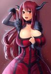  adjusting_hair arm_up breasts choker cleavage cleavage_reach demon_girl dress horns huge_breasts long_hair looking_at_viewer magister_(medical_whiskey) maou_(maoyuu) maoyuu_maou_yuusha open_mouth red_eyes red_hair revision smile solo very_long_hair 