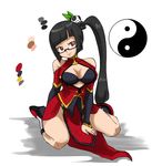  bare_shoulders black_bra black_hair blazblue bra breasts china_dress chinese_clothes cleavage cleavage_cutout detached_sleeves dress glasses hair_ornament highres hiru_made_ne-tarou lao_jiu large_breasts litchi_faye_ling long_hair low-tied_long_hair panda red_eyes semi-rimless_eyewear side_ponytail sitting smile solo under-rim_eyewear underwear very_long_hair wariza yin_yang 