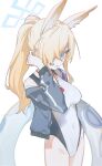  1girl absurdres animal_ear_fluff animal_ears black_jacket blonde_hair blue_archive blue_eyes blue_halo breasts clenched_teeth competition_swimsuit cowboy_shot extra_ears hair_over_one_eye halo highres innertube jacket kanna_(blue_archive) kanna_(swimsuit)_(blue_archive) kurobeko_(kur0bek0) large_breasts long_hair long_sleeves official_alternate_costume one-piece_swimsuit open_clothes open_jacket simple_background solo swim_ring swimsuit teeth whistle whistle_around_neck white_background white_one-piece_swimsuit 