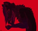  2024 anthro big_breasts bodily_fluids breasts canid canine canis claws colored_line_art digital_drawing_(artwork) digital_media_(artwork) fangs female fluffy fur grey_body grey_fur hair hi_res high_contrast mammal neck_tuft purple_hair red_background red_line_art saliva saliva_on_tongue saliva_string salivating simple_background smile solo tami_wolf tami_wolx teeth tongue tuft watermark wolf 