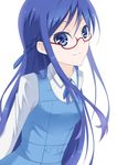  blue_eyes blue_hair blush braid dokidoki!_precure glasses half_updo hishikawa_rikka long_hair oni1103 precure red-framed_eyewear semi-rimless_eyewear shirt simple_background smile solo under-rim_eyewear white_background 