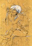  bad_id bad_pixiv_id boots bubble bubble_blowing colored_pencil_(medium) crossed_legs fingerless_gloves gloves jojo_no_kimyou_na_bouken joseph_joestar_(young) katomiman male_focus midriff ribbon scarf sitting solo traditional_media 