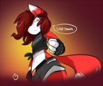  2018 alternate_species anthro auburn_hair breasts canine cinnamon_swirl_(fox_form) clothed clothing colored_sketch denim_shorts dipstick_ears dipstick_tail duckdraw english_text female fingerless_gloves first_person_view fist fox frown fur gloves gradient_background hair hair_over_eye looking_at_viewer low-angle_view mammal midriff multicolored_tail orange_background red_eyes red_fox red_fur shorts simple_background small_breasts solo speech_bubble text tied_shirt white_fur 