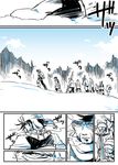  close-up comic face from_side hat itaru_souga jojo_no_kimyou_na_bouken joseph_joestar_(young) male_focus monochrome mountain multiple_boys outdoors robert_eo_speedwagon simple_background snow speed_lines white_background 