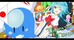  altaria bigright-orz blue_hair blurry crossover depth_of_field food fruit gen_3_pokemon hat highres hinanawi_tenshi letterboxed one_eye_closed peach pennant pokemon pokemon_(creature) red_eyes short_hair smile solo touhou 