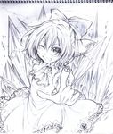  1girl blush bow cirno hair_bow looking_at_viewer monochrome nora_wanko one_eye_closed short_hair smile solo touhou 