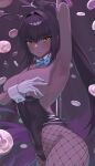  1girl absurdres animal_ears arm_behind_head arm_up armpits backless_leotard bare_shoulders black_hair black_leotard blue_archive blue_bow blue_bowtie bow bowtie breasts closed_mouth coin collar covered_navel covering_one_breast covering_privates cowboy_shot dark-skinned_female dark_skin detached_collar dot_nose fake_animal_ears fishnet_pantyhose fishnets gangjeong gloves hair_between_eyes hair_intakes halo hashtag-only_commentary highleg highleg_leotard highres holding holding_polearm holding_weapon huge_breasts karin_(blue_archive) karin_(bunny)_(blue_archive) leotard light_blush long_hair looking_at_viewer official_alternate_costume official_alternate_hairstyle oversized_breast_cup pantyhose playboy_bunny pole_dancing polearm purple_halo rabbit_tail sideboob sidelocks solo strapless strapless_leotard tail very_long_hair weapon white_collar white_gloves white_wrist_cuffs wrist_cuffs yellow_eyes 
