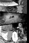  armor battle breastplate comic crater doujinshi dual_persona gauntlets gloves greyscale hairband highres imizu_(nitro_unknown) komeiji_satori monochrome multiple_girls non-web_source plate_armor scan short_hair sweat sword tears touhou translated weapon 