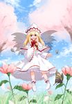  absurdres bad_id bad_pixiv_id blonde_hair blue_eyes boots bug butterfly cherry_blossoms fairy flower hat highres insect lily_white long_hair open_mouth petals smile solo tamo_no_ko touhou tree wings 