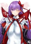  ;p bangs bb_(fate)_(all) bb_(fate/extra_ccc) bb_(swimsuit_mooncancer)_(fate) blush breasts cape eyebrows_visible_through_hair fate/grand_order fate_(series) gloves hair_between_eyes hair_ribbon heart large_breasts leotard long_hair looking_at_viewer okitakung one_eye_closed purple_eyes purple_hair red_ribbon ribbon sidelocks smile solo tongue tongue_out very_long_hair white_gloves white_leotard 