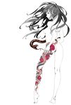  ass back black_hair breasts flower highres kamogawa_(kamogawa_sodachi) long_hair looking_at_viewer looking_back medium_breasts monochrome nipples nude original pink_eyes shoulder_blades simple_background snake solo spot_color standing tattoo white_background 
