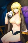  bikini bikini_top blonde_hair book breasts chair cleavage collarbone cup elf green_eyes highres large_breasts long_hair looking_at_viewer mug navel open_fly pointy_ears robe shorts sitting snowball22 solo swimsuit sword_girls treanna unzipped yellow_bikini 