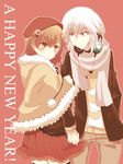  1girl accelerator brown_eyes brown_hair hat headphones highres holding_hands misaka_mikoto red_eyes scarf shawl short_hair thighhighs to_aru_majutsu_no_index utsumi_(ka56e) white_hair winter_clothes 