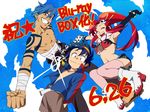  2boys armpits arms_up between_breasts bikini_top blue_hair boota breasts clenched_hand goggles goggles_on_head grin hands_in_pockets kamina lens_flare long_hair mosako multiple_boys navel ponytail red_hair sarashi shirtless simon smile tengen_toppa_gurren_lagann thighhighs yoko_littner 