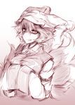  dress fox_tail hands_together hat kazetto long_sleeves monochrome multiple_tails own_hands_together short_hair sketch smile solo tail touhou yakumo_ran 