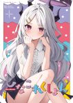  1girl ahoge arm_support black_skirt blue_archive border frilled_shirt frills hair_ornament halo highres hina_(blue_archive) long_hair looking_at_viewer multicolored_background purple_eyes purple_halo shirt sitting skirt sleeveless sleeveless_shirt solo star_(symbol) very_long_hair white_border white_hair yon_(letter) 