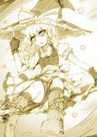  apron blush boots bow braid broom fingerless_gloves gloves hair_bow hat kazetto kirisame_marisa long_hair monochrome open_mouth puffy_sleeves short_sleeves side_braid sketch solo star touhou waist_apron witch_hat 