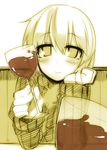  alcohol arm_support blush cup drinking_glass kazetto looking_at_viewer lunasa_prismriver monochrome pov_across_table sitting smile solo sweater touhou upper_body wine wine_glass 