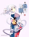  bad_id bad_pixiv_id blush flower hair_flower hair_ornament japanese_clothes kimono looking_at_viewer looking_back new_year obi original red_eyes sash short_hair silver_hair smile snake solo ume_(plumblossom) 