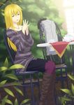  bag blonde_hair blush boots chair coat cup foot_out_of_frame handbag hands_together highres jewelry juu_ho leaf long_hair necklace open_mouth original own_hands_together pantyhose purple_legwear saucer sitting smile solo steepled_fingers table teacup teapot yellow_eyes 