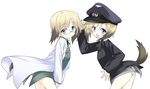  bad_id bad_pixiv_id blonde_hair blue_eyes blush erica_hartmann glasses hat labcoat military military_uniform multiple_girls open_mouth panties short_hair siblings simple_background sisters strike_witches striped striped_panties tail take_shinobu twins underwear uniform ursula_hartmann world_witches_series 