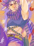  abs armpits bad_id bad_pixiv_id bola_(weapon) crop_top fingerless_gloves gloves jojo_no_kimyou_na_bouken joseph_joestar_(young) male_focus midriff nico2gn purple_eyes purple_hair scarf solo tegaki 