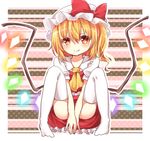  ascot blonde_hair blush covering covering_crotch flandre_scarlet hat hat_ribbon looking_at_viewer mob_cap puffy_sleeves red_eyes ribbon short_hair short_sleeves side_ponytail sitting smile solo spread_legs thighhighs touhou upskirt white_legwear wings yuria_(kittyluv) zettai_ryouiki 