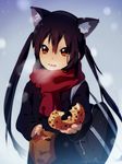  akashirokai animal_ears bag banned_artist black_hair brown_eyes cat_ears doughnut food k-on! long_hair md5_mismatch nakano_azusa paper_bag scarf twintails 