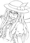  greyscale grin hat highres hinanawi_tenshi lineart long_hair looking_at_viewer monochrome nora_wanko smile solo touhou 