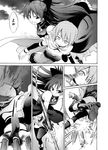  armband battle blood cape comic crazy_eyes greyscale hand_on_shoulder kurose_kousuke long_hair magical_girl mahou_shoujo_madoka_magica miki_sayaka monochrome multiple_girls panties pantyshot polearm ringed_eyes sakura_kyouko short_hair spear sword translated underwear weapon 