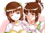  ;) aida_yuu akizuki_ritsuko amami_haruka choker folded_ponytail glasses gloves hair_ornament hand_on_another's_shoulder idolmaster idolmaster_(classic) jewelry multiple_girls necklace one_eye_closed smile tears vital_sunflower white_gloves 