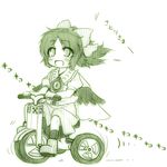  :d blush bow cape ground_vehicle hair_bow kazetto lowres monochrome open_mouth ponytail puffy_sleeves radiation_symbol reiuji_utsuho riding short_hair sidelocks sketch skirt smile solo third_eye touhou tricycle wings younger 