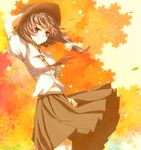  blue_eyes braid brown_hair hair_ribbon hand_on_headwear hat kuronuko_neero leaf midriff navel necktie puffy_sleeves ribbon shirt short_sleeves skirt smile solo touhou tree usami_renko wind wind_lift 