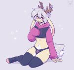 anthro antlers bulge clothing cropped_hoodie fangs femboy fleur_(fleurfurr) fleurfurr flower fur grey_hair hair hi_res horn jackalope lagomorph legwear looking_at_viewer male mammal multicolored_body multicolored_fur orange_eyes panties pink_body pink_fur plant solo teeth thigh_highs toeless_legwear underwear white_body white_fur yellow_body yellow_fur