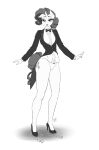 2016 5_fingers anthro anthrofied bare_legs bedroom_eyes biped black_clothing black_coat black_footwear black_high_heels black_suit black_tie_(suit) black_topwear bow_(feature) bow_tie breasts button_(fastener) clothed clothing coat colored_nails cutie_mark dance_shoes dancewear dancing emanata equid equine eyebrows eyelashes eyeshadow female fingernails fingers flat_shading fluffy fluffy_tail footwear friendship_is_magic frilly frilly_clothing frilly_panties frilly_underwear fur greyscale grin grinning_at_viewer hair half-closed_eyes hasbro hi_res high_heels horn humanoid_hands lips lipstick looking_at_viewer makeup mammal monochrome my_little_pony mythological_creature mythological_equine mythology nails narrowed_eyes onomatopoeia panties pia-sama pose rarity_(mlp) seductive shirt shirt_cuffs shoes signature simple_background slim small_waist smile smiling_at_viewer solo sound_effects standing stiletto_heels suit tail tailcoat tap_dancing tap_shoes tapping tapping_foot text topwear underwear unicorn white_background white_body white_clothing white_dress_shirt white_fur white_horn white_panties white_shirt white_topwear white_underwear