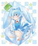  &gt;_&lt; barefoot berry_jou bloomers blue_dress blue_eyes blue_hair checkered checkered_background cirno closed_eyes dress failure frills frog grin ice irony open_hand petticoat ribbon role_reversal short_hair short_sleeves smile solo tears touhou trapped underwear wings 