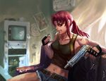  belt beretta_92 black_lagoon breasts cigarette couch cutoffs denim denim_shorts fingerless_gloves gloves grin gun handgun holding holding_gun holding_weapon holster left-handed lighter lighting_cigarette long_hair medium_breasts midriff navel pistol red_hair revy_(black_lagoon) shorts shoulder_holster sitting smile solo tank_top tattoo toned unbuttoned weapon zhu_xing_binggaan 