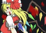  arisa0823 bad_id bad_pixiv_id black_background blonde_hair blood colorized flandre_scarlet highres red_eyes simple_background smile solo touhou wings 