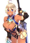  23_(real_xxiii) ahoge armor bare_shoulders blonde_hair blue_eyes blush breasts cleavage cosplay dark-skinned_girl_(23) dark_skin fantasy_earth_zero gauntlets highres large_breasts leaning_forward looking_at_viewer navel original parted_lips short_hair simple_background solo sweat sword tan weapon white_background white_hair 
